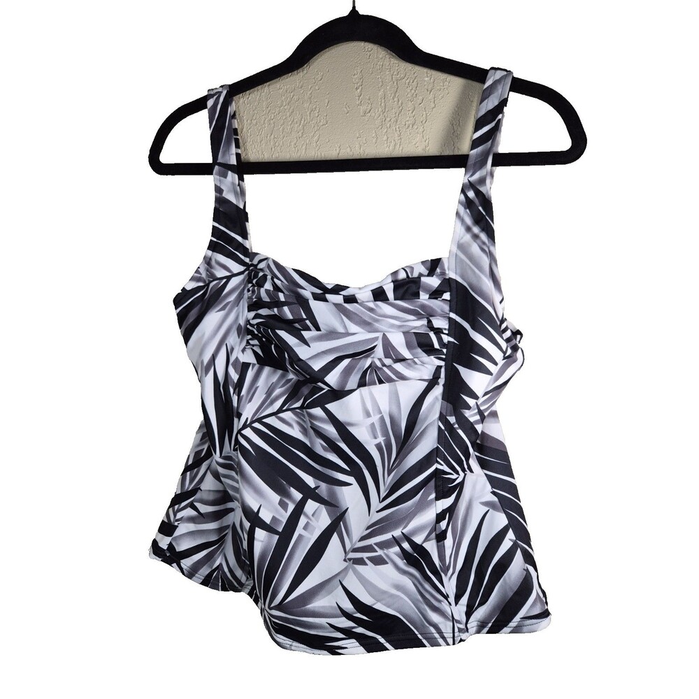 Jamaica Bay Tankini Top Womens 14 Black White Palm Leaf Print Padded Bra NWT